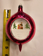 Vintage Red Triple Indent w/Hand-painted Cabin in Snow Scene Christmas Ornament  picture
