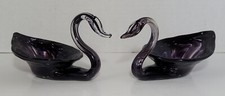 Set Of 2 Blown Glass Swan Dishes Purple Matching Pair picture
