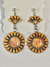 VTG Native American Navajo Sterling Orange Spiny Oyster Cluster Dangle Earrings picture