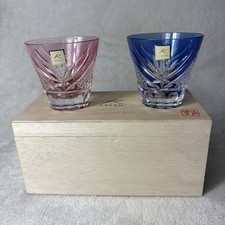 Kagami Crystal Edo Kiriko Fuji Pair Sake Cups Japanese Cut Glass Red Blue New picture