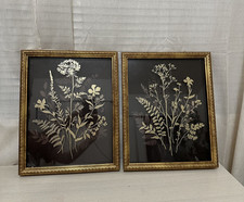 Set of 2 Gold Botanical Wall Art Framed Floral Black Background Vintage Style picture