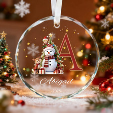 Custom Monogram Name Glass Ornament, Elf Snowman Christmas Ornaments for Kids picture