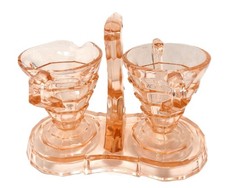 Vintage Pink Depression Glass Creamer Sugar Set with Center Handle Tray As Is picture