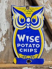 VINTAGE WISE PORCELAIN SIGN OLD GROCERY STORE POTATOE CHIPS OWL FOOD SUPERMARKET picture