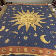 VINTAGE 1990's Sun Moon Stars CELESTIAL Blue Gold 46X68 TAPESTRY Throw Blanket picture