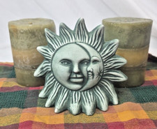 Vtg Celestial Sun Moon Ceramic Wax Filled Holder w/ 2 Layered Pillar Candles picture