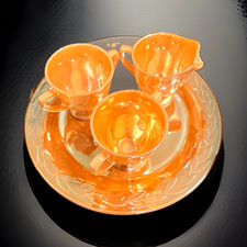 Fire King Orange Iridescent Glass Leaf Creamer & Sugar w/ Plate Tray, 4 pc set picture