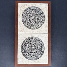Aztec Calendar Tile Trivet Hot Plate Wood Frame Stand Mexican Folk Art picture