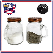 Glass Salt Pepper Shaker Set Mason Jar Style Handles Metal Lids 2 Piece - USA picture
