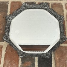 Antique 1900s Ornate Round Beveled Mirrored Vanity Tray Cherubs Scrollwork picture