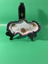 Pretty Antique Ornate Cobalt Blue & Gold Trinket Dish Scalloped picture