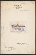 Photo:P H Hartmann Blue Mountain Pennsylvania Rye Whisky Trademark 1887 picture
