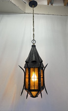 Large RESTORED Antique Vtg Tudor Porch Light Pendant Lantern Arts Crafts Gothic picture