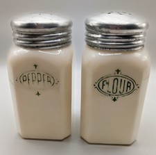 Vintage Hazel Atlas Green Shield Milk Glass Pepper Flour Shaker Set Aluminum Lid picture