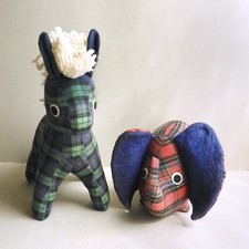 Vintage 1980s Scottish Tartan Plush Horse & Elephant Stuffed Animals Rare Set picture