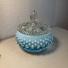 Vintage Fenton Hobnail Blue Opalescent Powder Bowl Trinket Dish w/Clear Lid picture