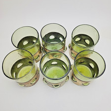​Vintage Mid-Century Modern Green Glass Tumbler with Ornate Gold-Tone Set Of 6 picture