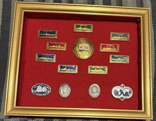14 Soviet Union Pins/Badges Mounted in wood shadow box with red fabric No glass picture