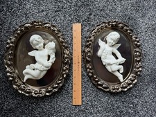 Vtg Mid-Century Cherub Wall Plaques Pair 3D White Porcelain Angel Silver Oval picture