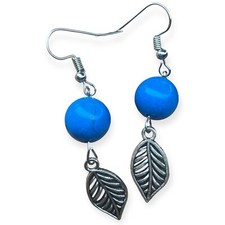Round Turquoise Stone Silver Tone Boho Leaves Dangle Festival Pierced Earrings picture