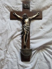 Vintage Wood Crucifix Jesus Christ Metal Corpus Holy Water Font Wall Cross 12.5 picture