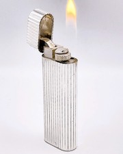 Cartier Vintage Oval WORKING Silver GODRON Fluted Vertical Stripe Lighter 1970's picture