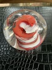 Vintage Paperweight Art Glass Red White Swirl Clear Round Handmade Unsigned picture