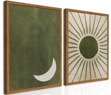 Hwetui Framed Boho Sun And Moon Canvas Wall Art Set 2, Vintage Sage Green picture