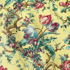 15.5 yds Vintage Greeff Schumacher Fabric Pink Green Tulips on Yellow Upholsery picture