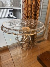 Gorham Heavy Cut Etched Crystal Scallop Edge Cake Stand 4.75” Tall 10” Diameter picture