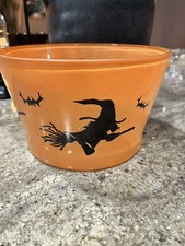 VTG Halloween Glass Bowl Hazel Atlas 1950's Candy  Witch Decor Orange Black picture