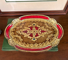 Vintage florantine Painted Wood Serving Tray Red & Gold, 11 in picture