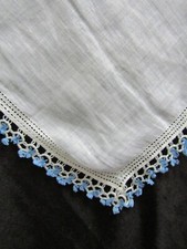 Vintage Tat Lace Edge Hankie Blue White Tatting Handkerchief Hanky 1336 picture