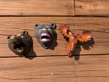 3 CAST IRON WILDLIFE SODA BEER WALL MOUNT BOTTLE OPENER BAR BARWARE BEARS MOOSE picture
