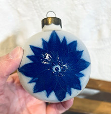 Vintage Salmon Falls Salt Glaze Christmas Ornament Blue Poinsettia Burst picture