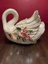 Vintage Norcreast Iridescent Pearlized Ceramic Swan Planter Vase with 3D Roses picture