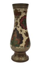 Vintage Brass Enamel Pedestal Bud Vase Hand Painted Floral picture