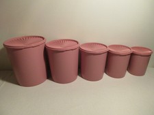 VTG Tupperware Dusty Rose Mauve 5 Pc Nesting Servalier Canister Set W/Lids EUC picture