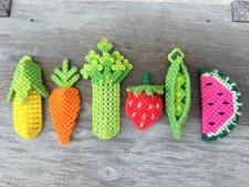 Vintage Fruit And Veggie Fridge Magnets Crochet Knit  70s 80s Kitsch Lot Kitchen picture