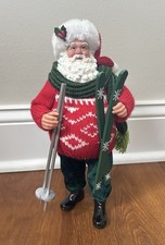 Santa Claus Figurine Skis Christmas Sweater 10” Holiday Decor Collectible picture