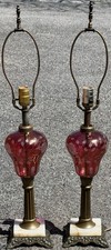 Exceptional Pair 19th Century Boston Sandwich Glass Ruby Cut To Clear Lamps picture