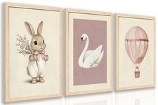 Hianan Wood Framed Pink Cute Bunny Nursery Wall Art Set Of 3, 16x24 In picture