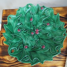 Vintage Holland Mold Green Christmas Holly Candy Serving Dish Plate Ceramic picture