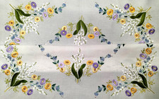 Fabulous 'Fairistytch' Lily-of-the-Valley/Aster Vint Hand Embroidered Tablecloth picture