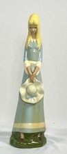 Vintage Chalkware Figurine Statue Tall Slender Girl Blonde Hair Blue Dress picture