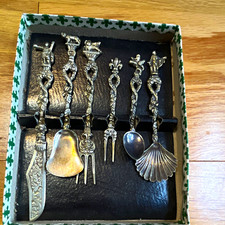 6-Piece Silver-Tone Vintage Italian Miniature Ornate Flatware Set w/ Box picture