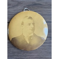 Antique 6'' Round Tin Button Style Photo Portrait Of Dapper Dressed Man Sepia picture