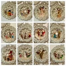 VTG 12 Beaded Christmas Diorama Ornaments Angels Santa Snowman Harp Nativity picture