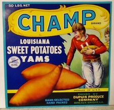 Vintage MCM Produce Label RARE CHAMP Sweet Potatoes LA Football Sports Decor picture