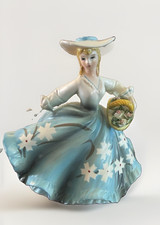 Lefton Lady Planter Figurine 3000/B Blue Dress Flower Basket Sun Hat Vintage picture